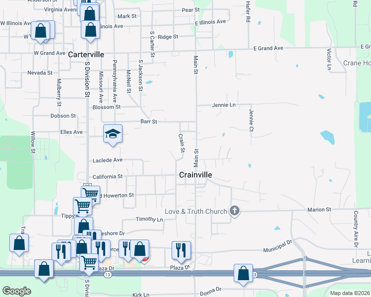 map of restaurants, bars, coffee shops, grocery stores, and more near 800-898 Crain Street in Carterville