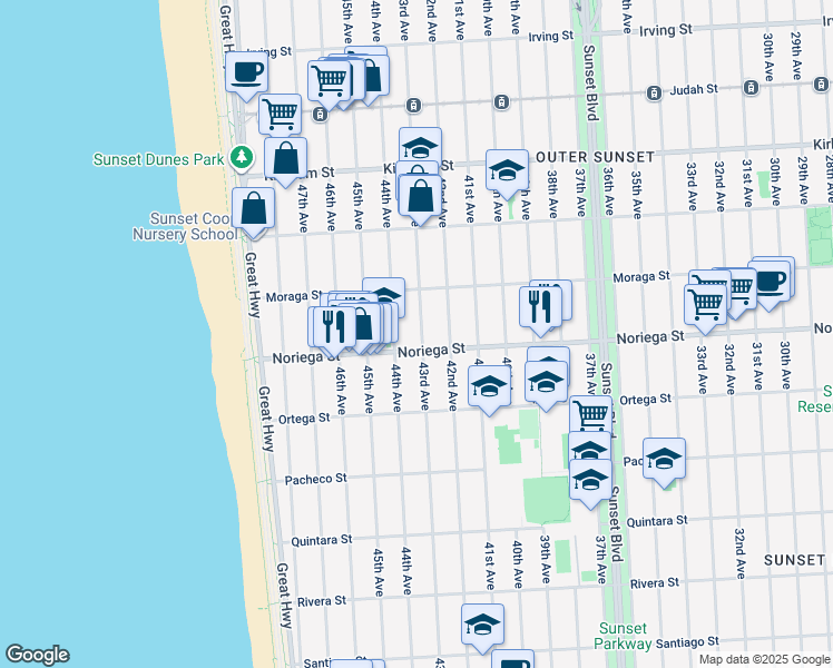 map of restaurants, bars, coffee shops, grocery stores, and more near 1775 43rd Avenue in San Francisco