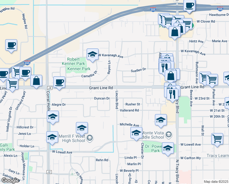map of restaurants, bars, coffee shops, grocery stores, and more near 1512 Swarthout Court in Tracy