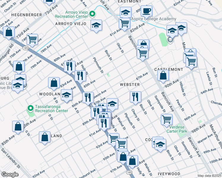 map of restaurants, bars, coffee shops, grocery stores, and more near 1662 Auseon Avenue in Oakland