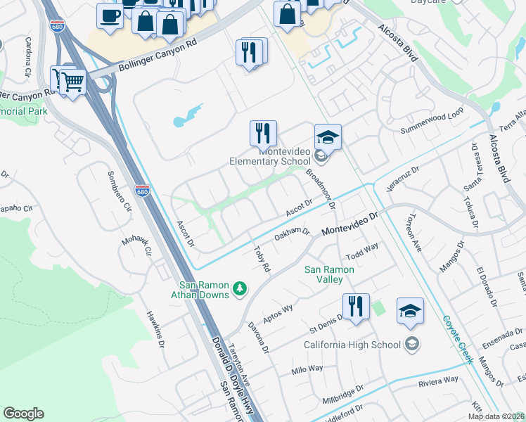 map of restaurants, bars, coffee shops, grocery stores, and more near 573 Burns Cir in San Ramon