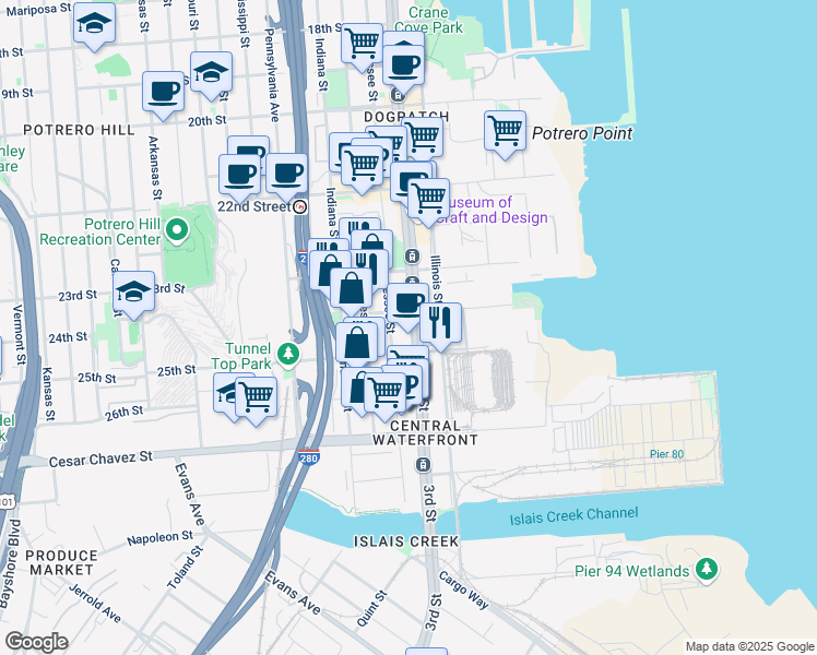 map of restaurants, bars, coffee shops, grocery stores, and more near 2820 3rd Street in San Francisco
