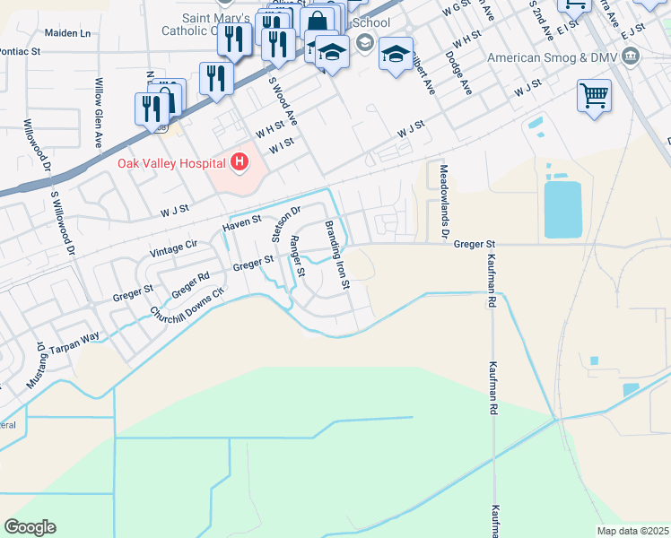 map of restaurants, bars, coffee shops, grocery stores, and more near 664 Branding Iron Street in Oakdale