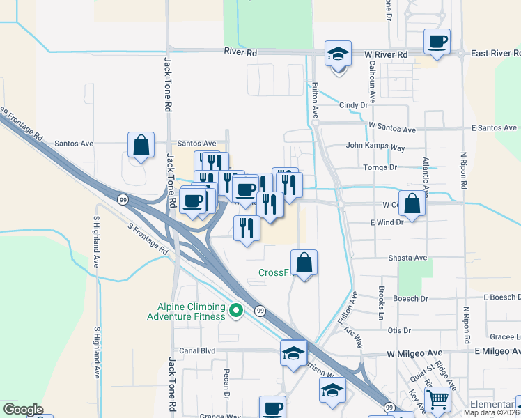 map of restaurants, bars, coffee shops, grocery stores, and more near 1290 West Colony Road in Ripon