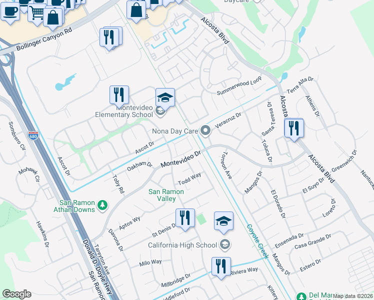 map of restaurants, bars, coffee shops, grocery stores, and more near 10010 Foxboro Circle in San Ramon
