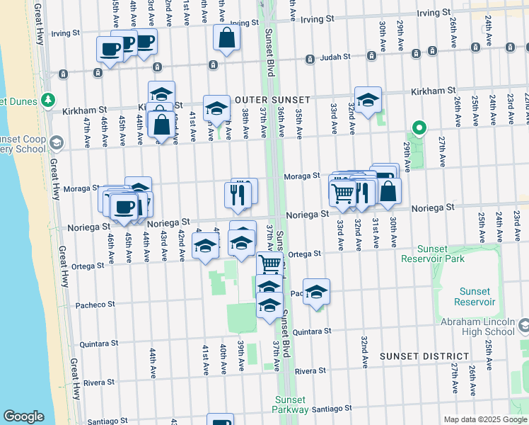 map of restaurants, bars, coffee shops, grocery stores, and more near 3010 Noriega Street in San Francisco