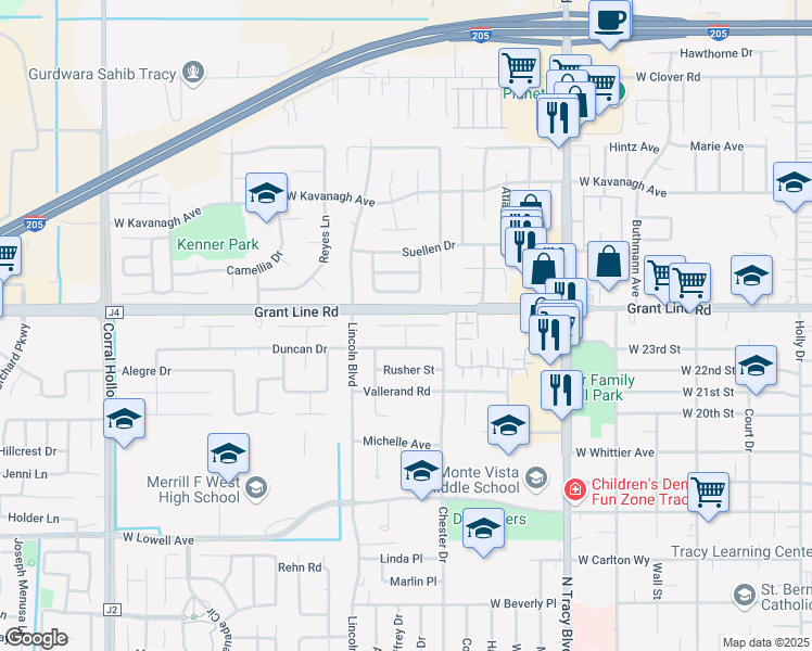 map of restaurants, bars, coffee shops, grocery stores, and more near Johnson Ct & Neves St in Tracy