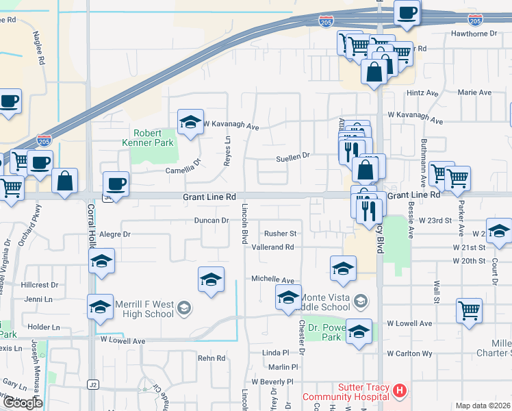 map of restaurants, bars, coffee shops, grocery stores, and more near 1357 Johnson Court in Tracy