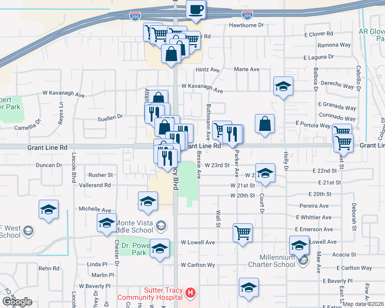 map of restaurants, bars, coffee shops, grocery stores, and more near 549 West 23rd Street in Tracy