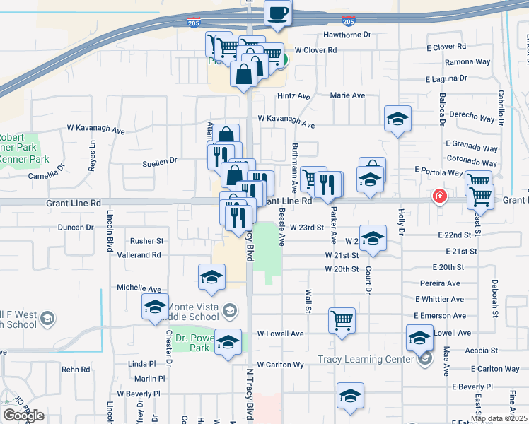 map of restaurants, bars, coffee shops, grocery stores, and more near 546 West Grant Line Road in Tracy