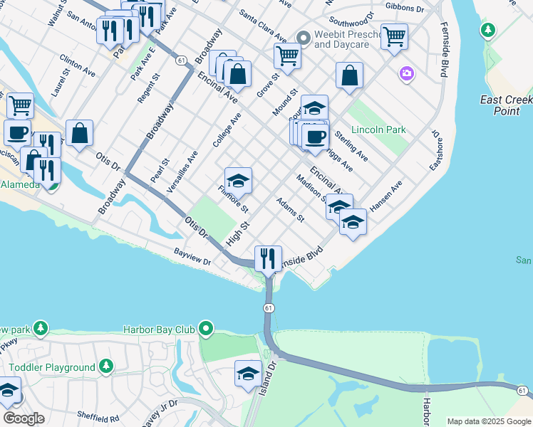 map of restaurants, bars, coffee shops, grocery stores, and more near 3208 Washington Street in Alameda