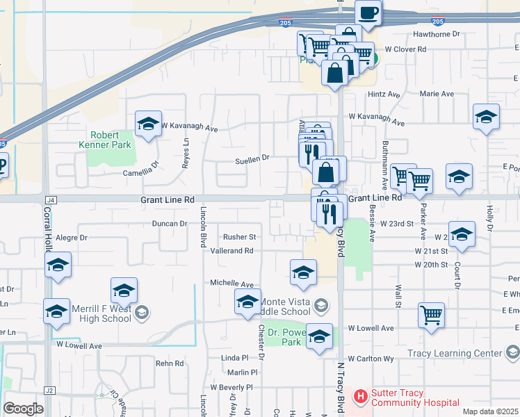 map of restaurants, bars, coffee shops, grocery stores, and more near 1111 Johnson Court in Tracy