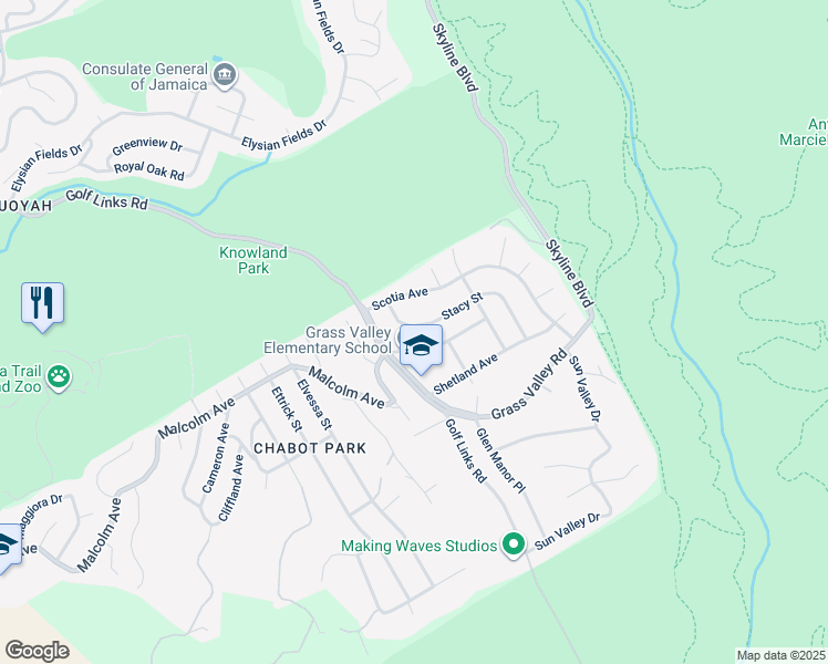 map of restaurants, bars, coffee shops, grocery stores, and more near 4738 Stacy Street in Oakland