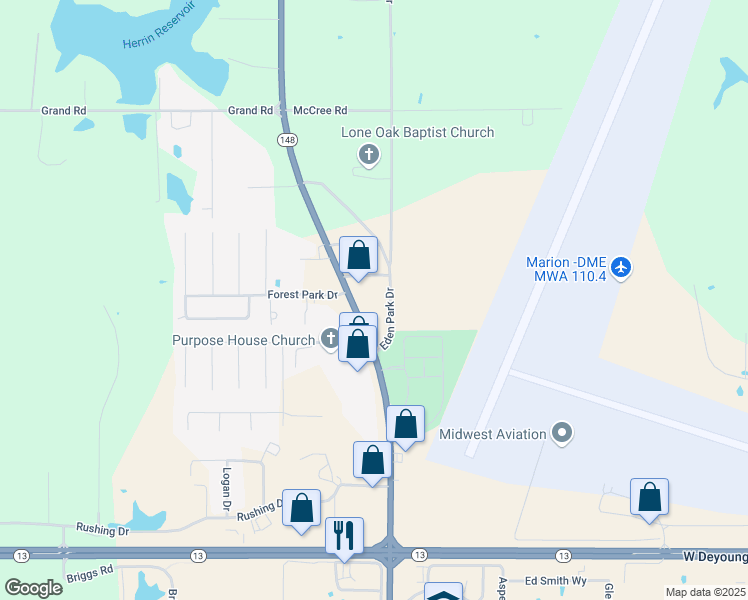 map of restaurants, bars, coffee shops, grocery stores, and more near 3109 Eden Park Drive in Herrin