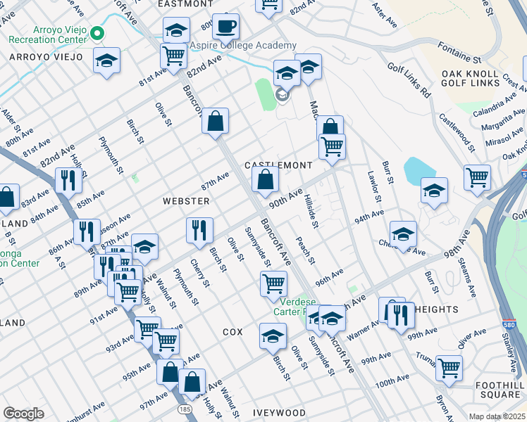 map of restaurants, bars, coffee shops, grocery stores, and more near Bancroft Avenue & 90th Avenue in Oakland