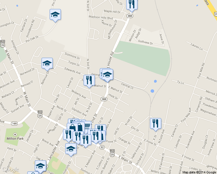 map of restaurants, bars, coffee shops, grocery stores, and more near 210 East Walnut Street in Richmond