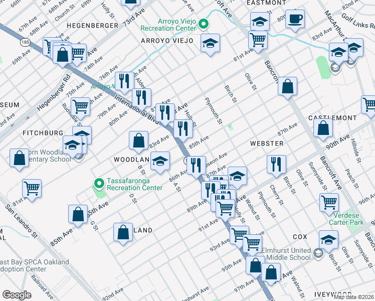 map of restaurants, bars, coffee shops, grocery stores, and more near 8530 International Boulevard in Oakland