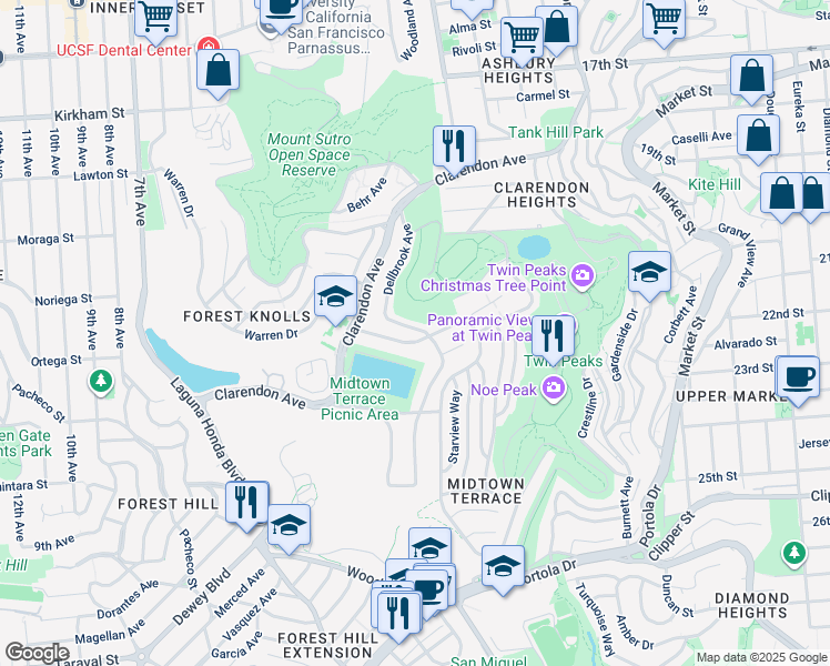 map of restaurants, bars, coffee shops, grocery stores, and more near 409 Dellbrook Avenue in San Francisco