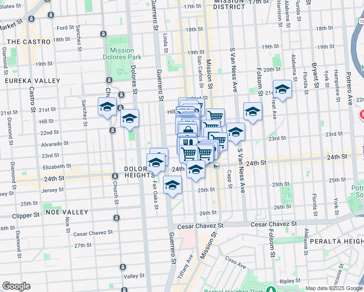 map of restaurants, bars, coffee shops, grocery stores, and more near San Jose Avenue & 23rd St in San Francisco