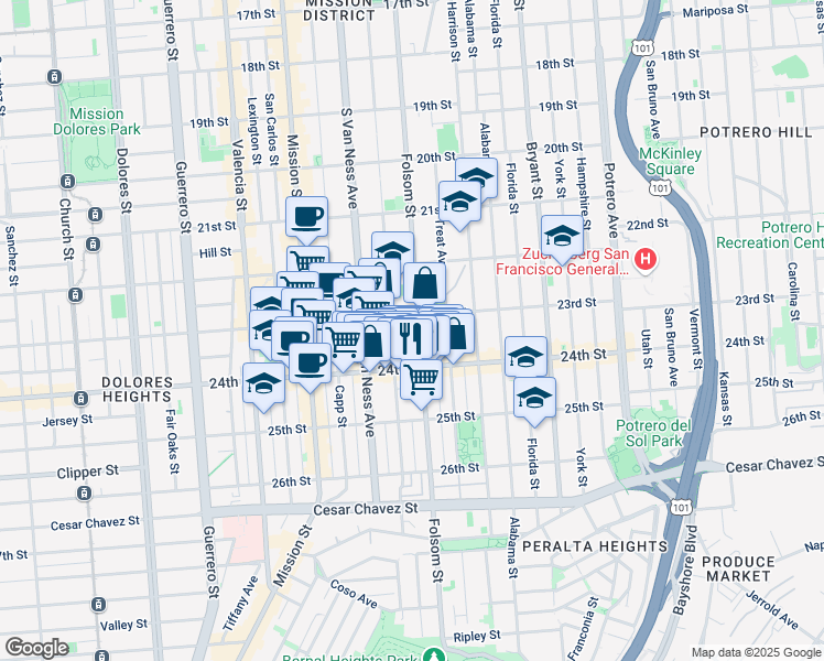 map of restaurants, bars, coffee shops, grocery stores, and more near 2722 Folsom Street in San Francisco