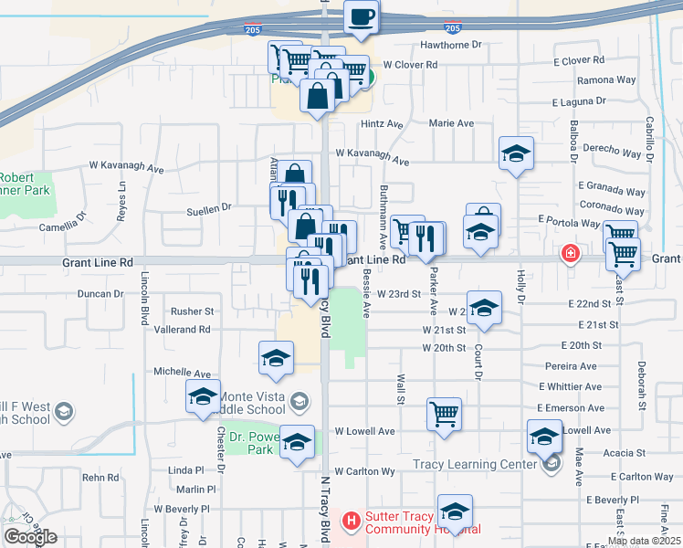 map of restaurants, bars, coffee shops, grocery stores, and more near 546 West Grant Line Road in Tracy