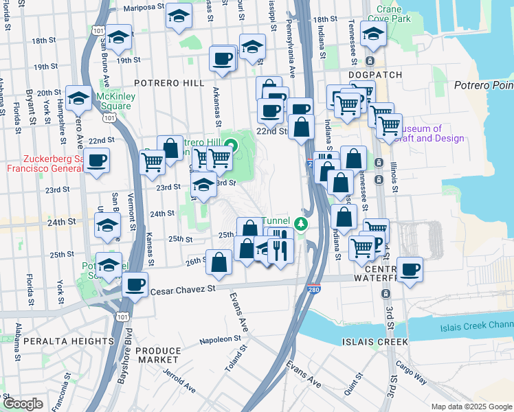 map of restaurants, bars, coffee shops, grocery stores, and more near Dakota Street in San Francisco
