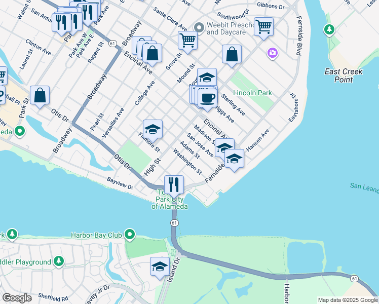 map of restaurants, bars, coffee shops, grocery stores, and more near 3236 Adams Street in Alameda