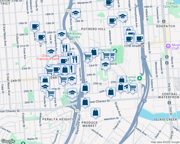 map of restaurants, bars, coffee shops, grocery stores, and more near 1272 Rhode Island Street in San Francisco