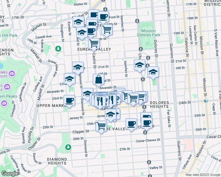 map of restaurants, bars, coffee shops, grocery stores, and more near 535 Alvarado Street in San Francisco