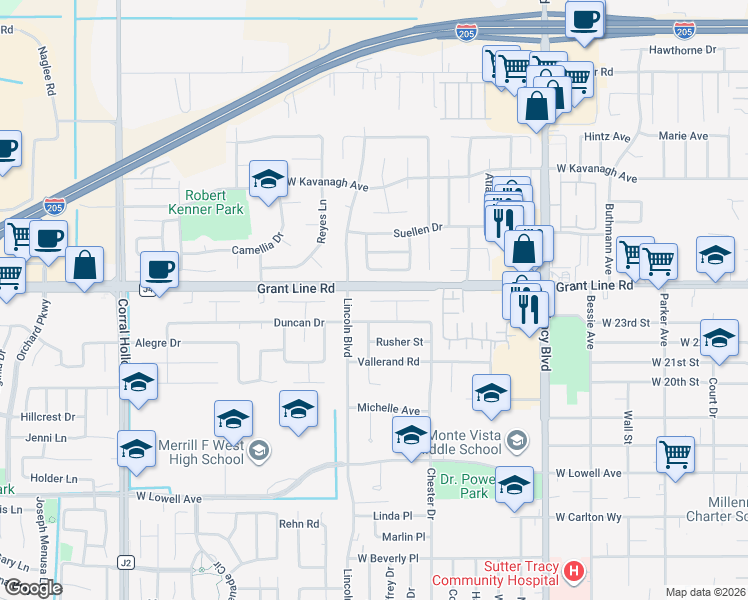 map of restaurants, bars, coffee shops, grocery stores, and more near 1350 Johnson Court in Tracy