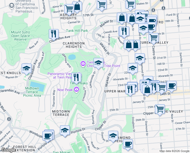 map of restaurants, bars, coffee shops, grocery stores, and more near 130 Gardenside Drive in San Francisco