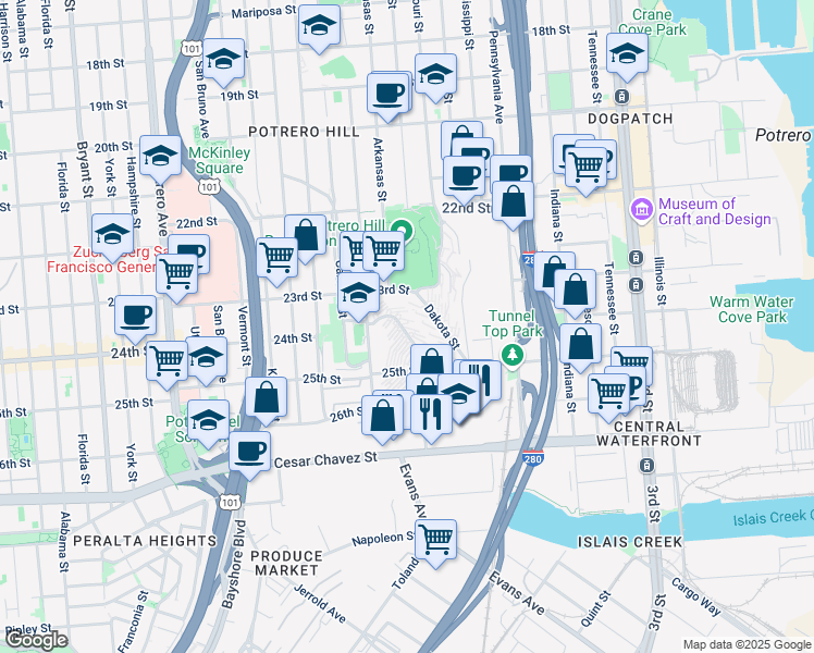 map of restaurants, bars, coffee shops, grocery stores, and more near 1001 Connecticut Street in San Francisco