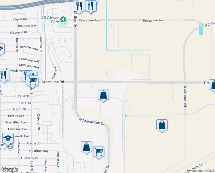 map of restaurants, bars, coffee shops, grocery stores, and more near 950 East Grant Line Road in Tracy