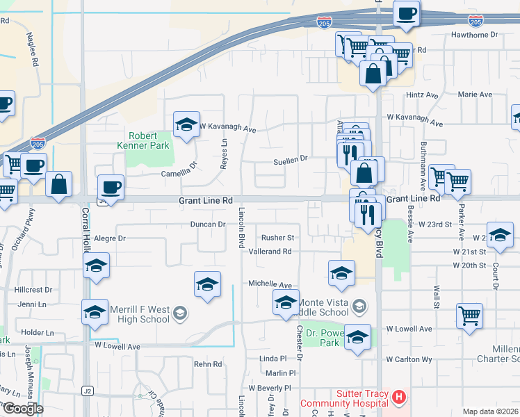map of restaurants, bars, coffee shops, grocery stores, and more near 1350 Johnson Court in Tracy