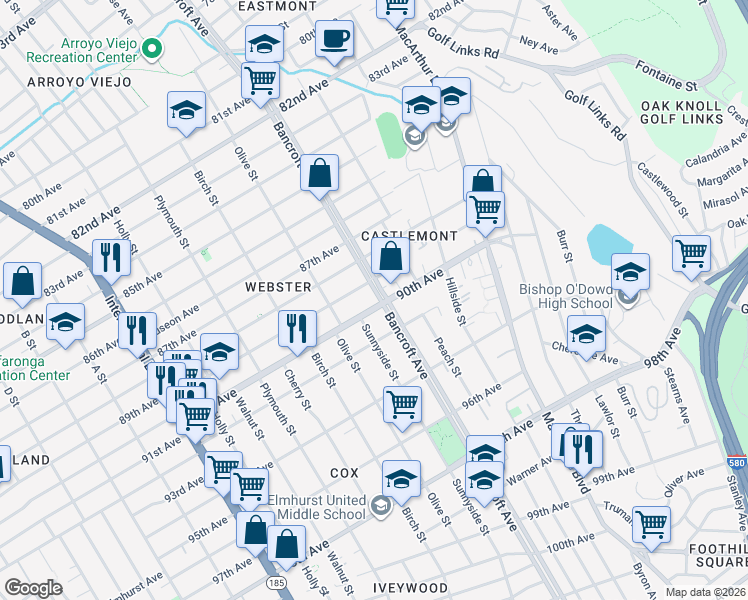 map of restaurants, bars, coffee shops, grocery stores, and more near 2123 90th Avenue in Oakland