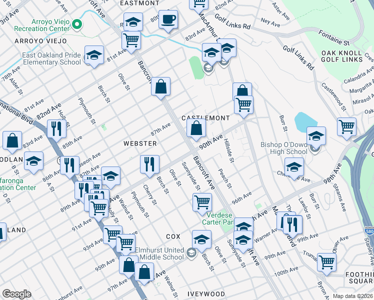 map of restaurants, bars, coffee shops, grocery stores, and more near 2123 90th Avenue in Oakland