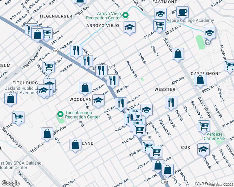 map of restaurants, bars, coffee shops, grocery stores, and more near 8530 International Boulevard in Oakland
