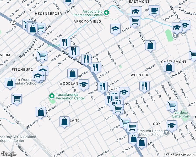 map of restaurants, bars, coffee shops, grocery stores, and more near 8530 International Boulevard in Oakland