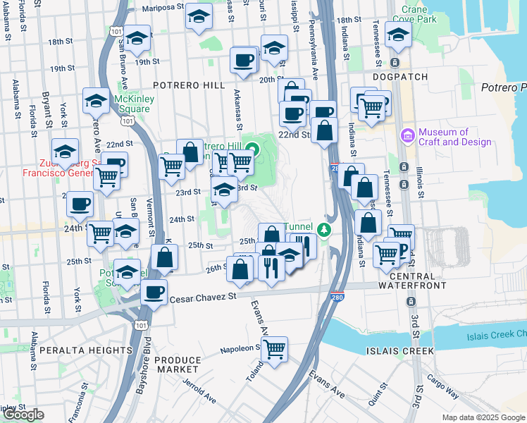 map of restaurants, bars, coffee shops, grocery stores, and more near 1001 Connecticut Street in San Francisco