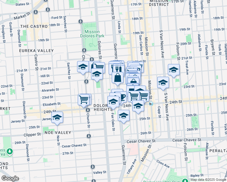 map of restaurants, bars, coffee shops, grocery stores, and more near 189 Fair Oaks Street in San Francisco