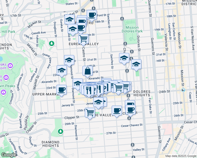 map of restaurants, bars, coffee shops, grocery stores, and more near 535 Alvarado Street in San Francisco