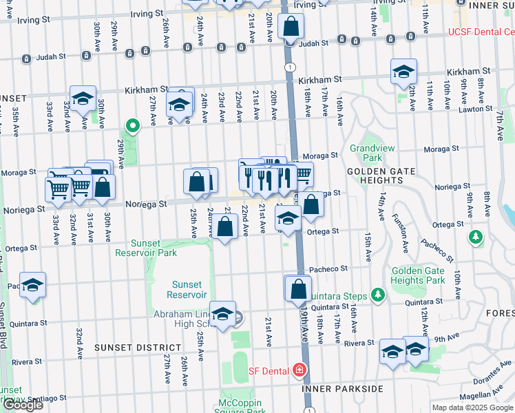 map of restaurants, bars, coffee shops, grocery stores, and more near 1828 22nd Avenue in San Francisco