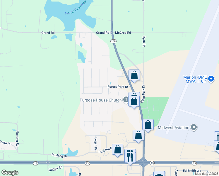 map of restaurants, bars, coffee shops, grocery stores, and more near 3107 Magnolia Lane in Herrin