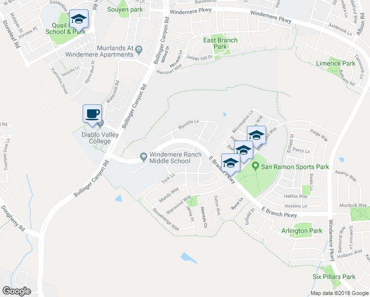 map of restaurants, bars, coffee shops, grocery stores, and more near 3086 Hastings Way in San Ramon