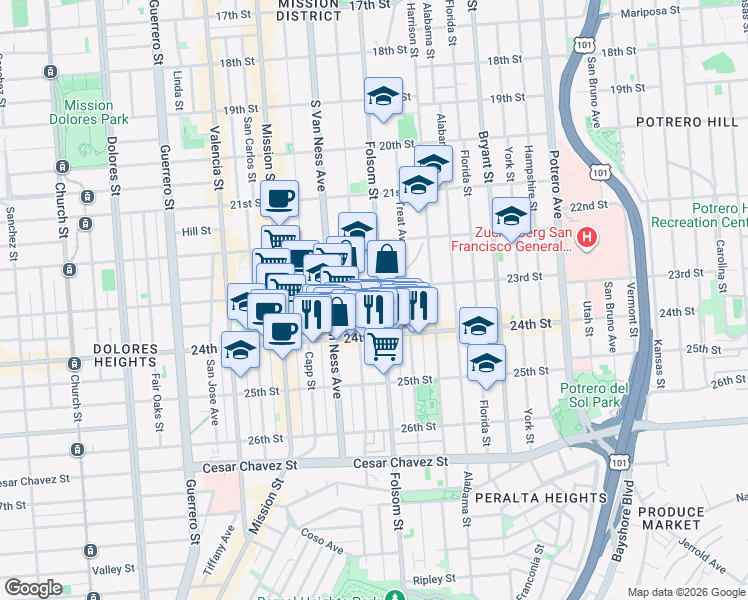 map of restaurants, bars, coffee shops, grocery stores, and more near 2716 Folsom Street in San Francisco