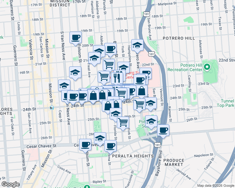 map of restaurants, bars, coffee shops, grocery stores, and more near 2542 Bryant Street in San Francisco