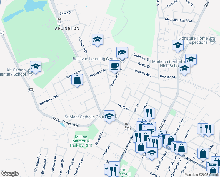 map of restaurants, bars, coffee shops, grocery stores, and more near Norwood Drive in Richmond