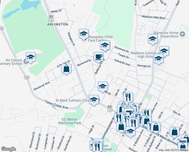 map of restaurants, bars, coffee shops, grocery stores, and more near Norwood Drive in Richmond