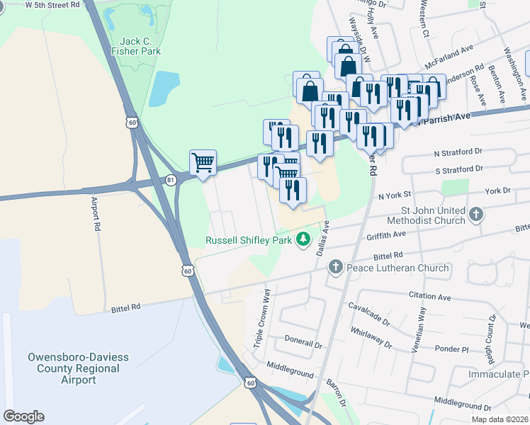 map of restaurants, bars, coffee shops, grocery stores, and more near 3022 West Parrish Avenue in Owensboro