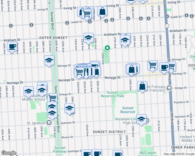map of restaurants, bars, coffee shops, grocery stores, and more near Noriega St & 30th Ave in San Francisco
